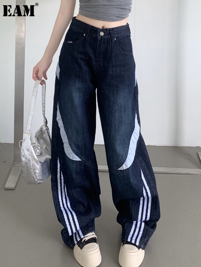 {EAM} Three bars retro wide leg jeans women design sense of luffian handsome with all the feeling of falling straight leg pants DLZ279