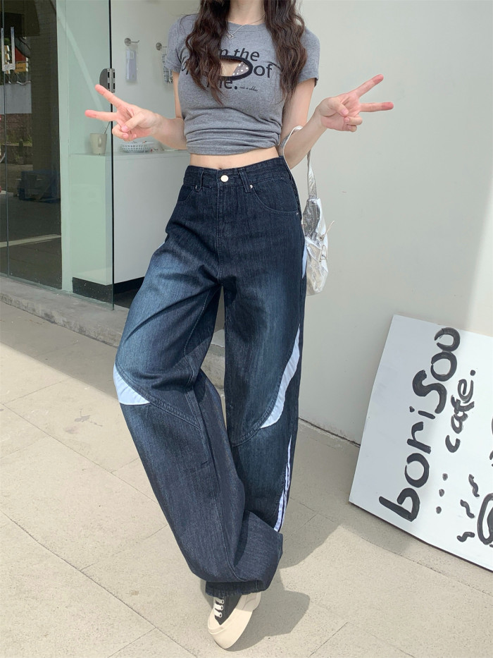 {EAM} Three bars retro wide leg jeans women design sense of luffian handsome with all the feeling of falling straight leg pants DLZ279