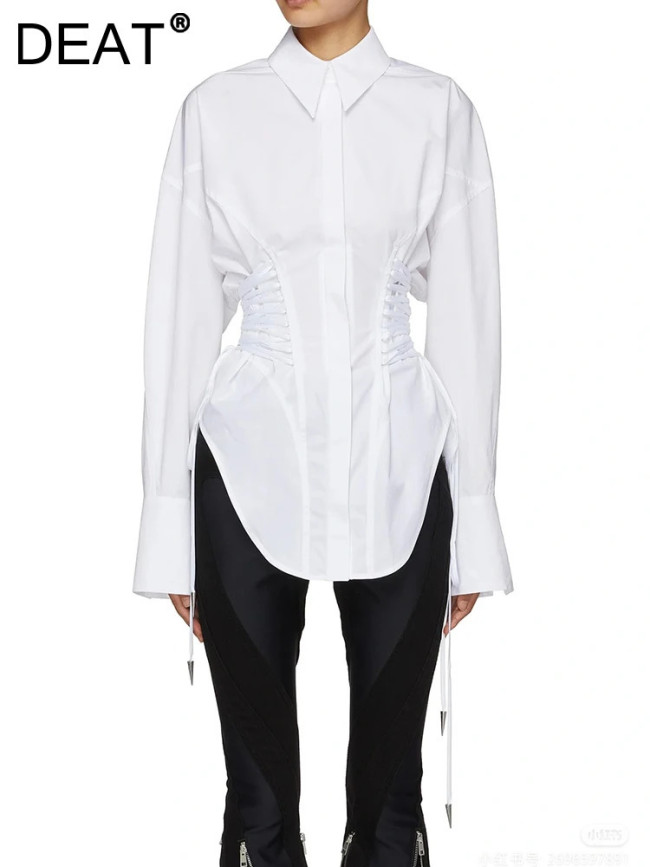 DEAT Fashion Women's Waist Multiple Drawstrings Shirt Lapel Loose Single Breasted Long Sleeves Black Blouse Autumn 2024 New