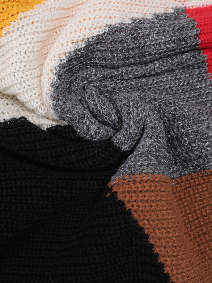DEAT Fashion Women's Knitted Dress O-neck Contrast Color Loose Elastic Pullover Mid-calf Split Dresses Winter 2024 New CPDB101