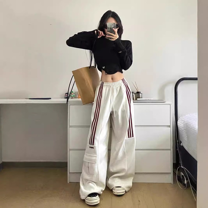 {EAM} Design sense three bars overalls female Spring and autumn American retro casual sports sweatpants high waist loose wide leg pants DLZ271
