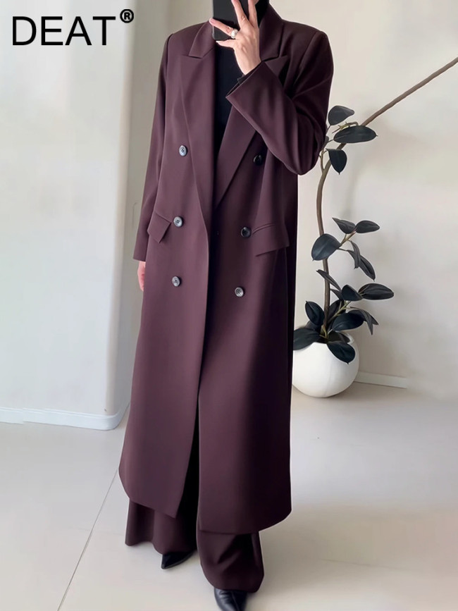 DEAT Fashion Women Long Blazer Notched Collar Loose Double Breasted Long Sleeves Angola Red Suit Jacket Autumn 2024 New 7AB541H