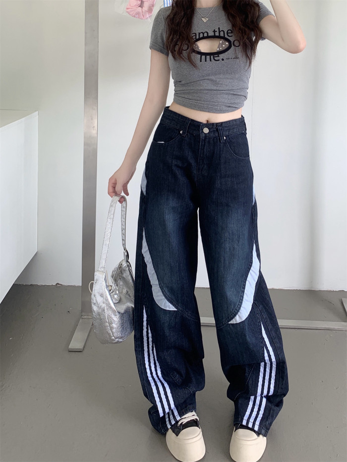 {EAM} Three bars retro wide leg jeans women design sense of luffian handsome with all the feeling of falling straight leg pants DLZ279