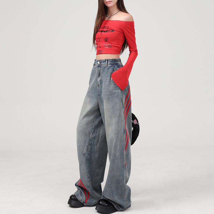 {EAM} Autumn and winter straight leg high-waisted jeans women loose trend three bars design sense personality hanging wide-leg pants DLZ278