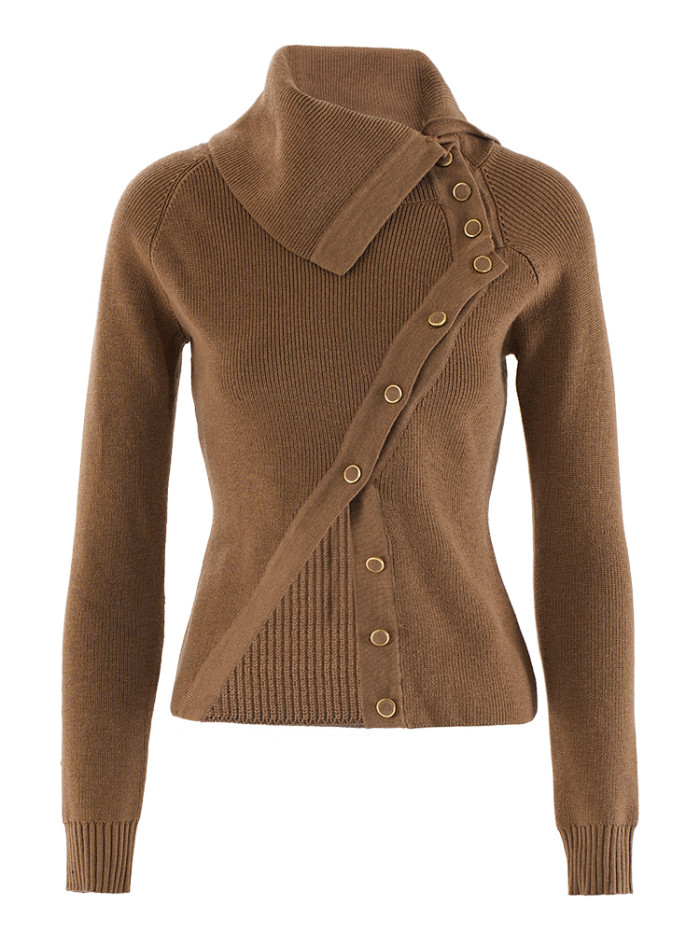 DEAT Fashion Women's Melard Brown Color Knitted Tops Irregular Lapel Slim Long Sleeves Button Sweater Autumn  CPDB243