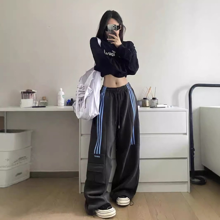 {EAM} Design sense three bars overalls female Spring and autumn American retro casual sports sweatpants high waist loose wide leg pants DLZ271