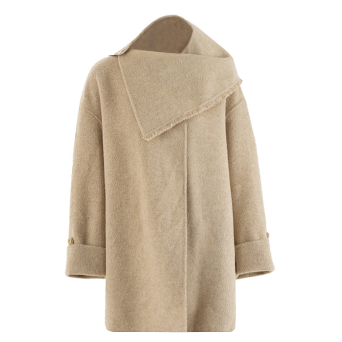 DEAT Fashion Women's Double-side 100% Wool Coat Remove Scraf Loose Single Button Long Sleeves Blends Overcoat Winter 2024 New