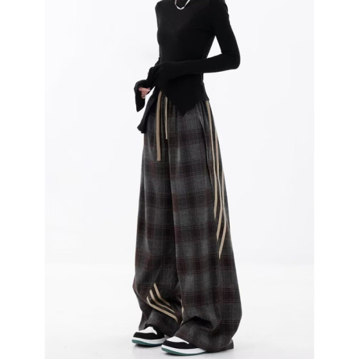 {EAM} Autumn and winter new casual plaid pants women splicing three bars design sense straight leg wide-leg pants DLZ273