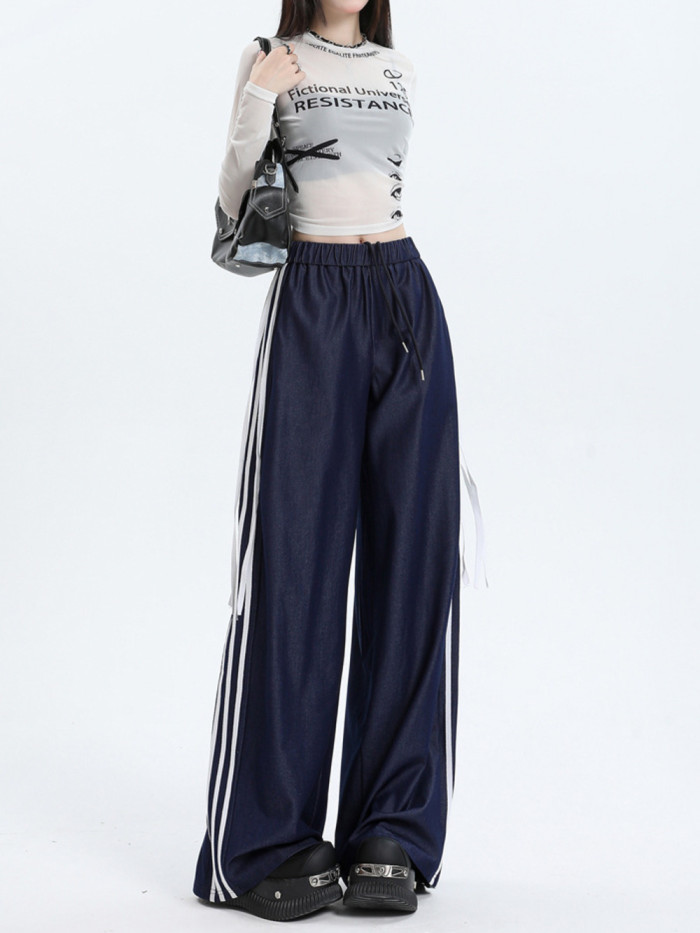 {EAM} Autumn and winter new long wide-leg pants 2024 women's three bars design sense fringe moped pants loose casual pants DLZ270
