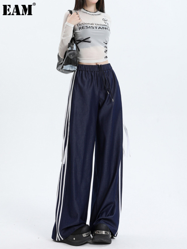 {EAM} Autumn and winter new long wide-leg pants 2024 women's three bars design sense fringe moped pants loose casual pants DLZ270