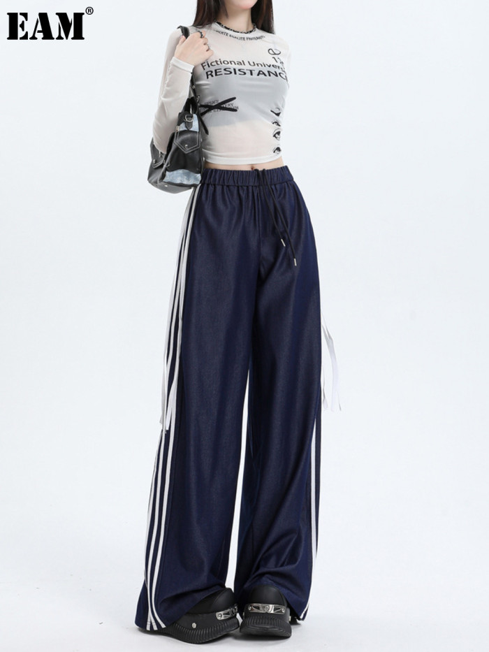 {EAM} Autumn and winter new long wide-leg pants 2024 women's three bars design sense fringe moped pants loose casual pants DLZ270