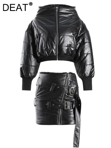 DEAT Fashion Women's Short Various Wearing Styles Zipper Cotton Padded Jacket High Waist Ribbon Mini Skirt Winter 2024 New