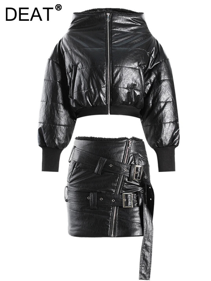 DEAT Fashion Women's Short Various Wearing Styles Zipper Cotton Padded Jacket High Waist Ribbon Mini Skirt Winter 2024 New