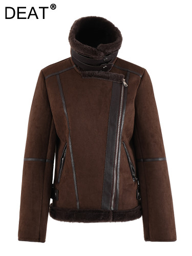 DEAT Fashion Women's Browm Fur Integrated Jacket Lapel Loose Zipper Long Sleeves Plush Thick Motorcycle Jackets Winter 2024 New
