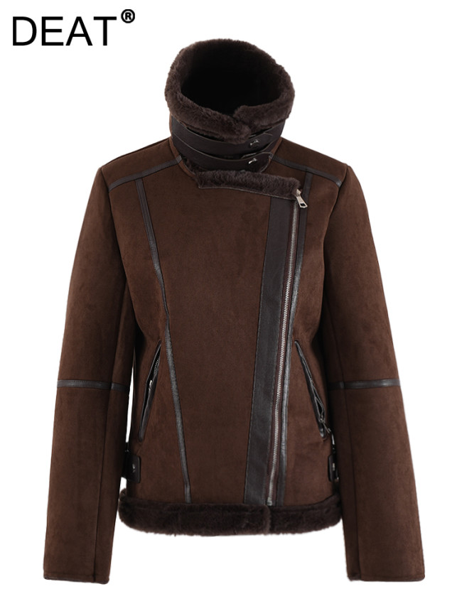 DEAT Fashion Women's Browm Fur Integrated Jacket Lapel Loose Zipper Long Sleeves Plush Thick Motorcycle Jackets Winter 2024 New