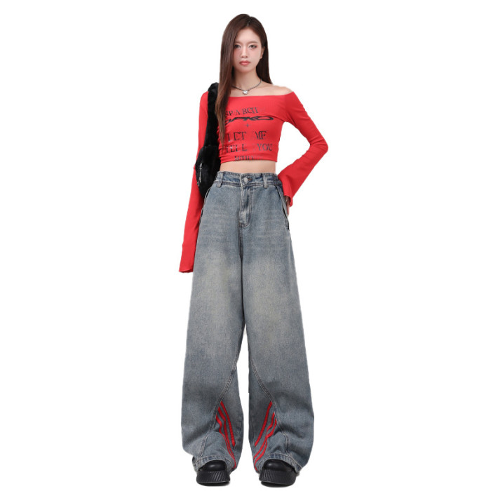 {EAM} Autumn and winter straight leg high-waisted jeans women loose trend three bars design sense personality hanging wide-leg pants DLZ278