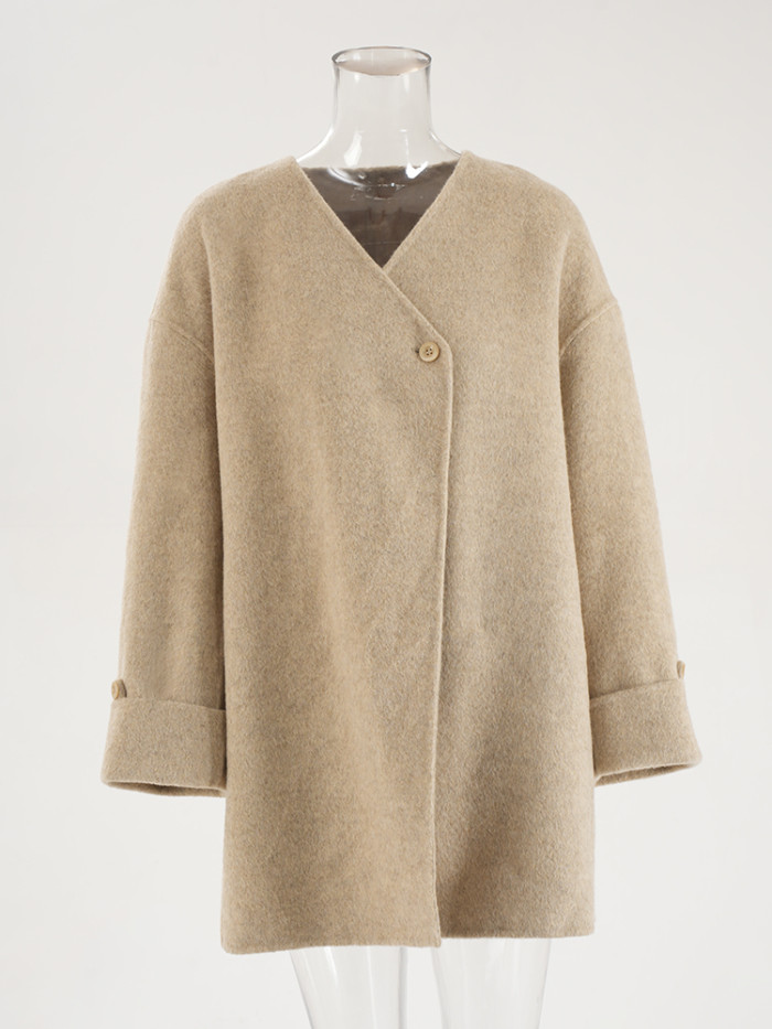 DEAT Fashion Women's Double-side 100% Wool Coat Remove Scraf Loose Single Button Long Sleeves Blends Overcoat Winter 2024 New