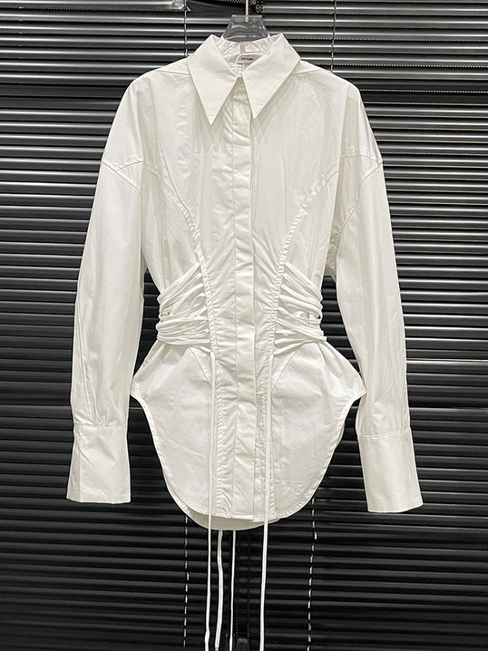 DEAT Fashion Women's Waist Multiple Drawstrings Shirt Lapel Loose Single Breasted Long Sleeves Black Blouse Autumn 2024 New