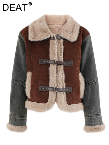 DEAT Fashion Women's Contrast Color Fur Integrated Jacket Lapel Loose Leather Buckle Plush Thick Short Coat Winter 2024 New
