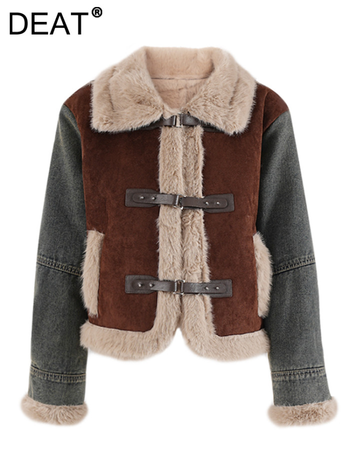 DEAT Fashion Women's Contrast Color Fur Integrated Jacket Lapel Loose Leather Buckle Plush Thick Short Coat Winter 2024 New