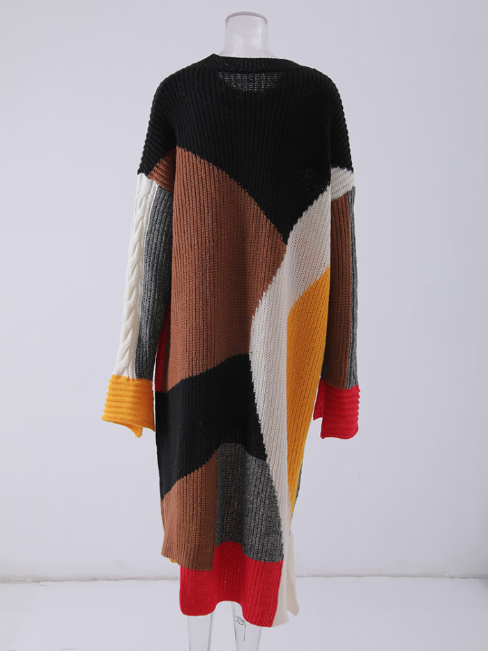 DEAT Fashion Women's Knitted Dress O-neck Contrast Color Loose Elastic Pullover Mid-calf Split Dresses Winter 2024 New CPDB101
