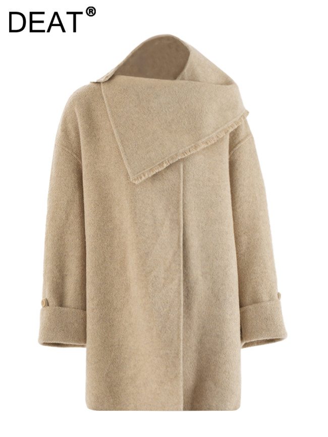 DEAT Fashion Women's Double-side 100% Wool Coat Remove Scraf Loose Single Button Long Sleeves Blends Overcoat Winter 2024 New