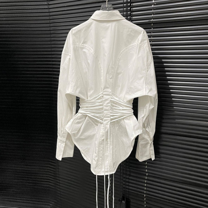 DEAT Fashion Women's Waist Multiple Drawstrings Shirt Lapel Loose Single Breasted Long Sleeves Black Blouse Autumn 2024 New