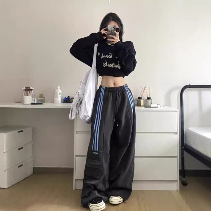 {EAM} Design sense three bars overalls female Spring and autumn American retro casual sports sweatpants high waist loose wide leg pants DLZ271