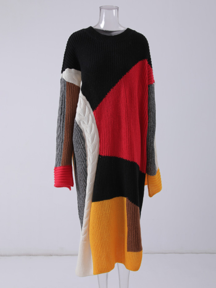 DEAT Fashion Women's Knitted Dress O-neck Contrast Color Loose Elastic Pullover Mid-calf Split Dresses Winter 2024 New CPDB101