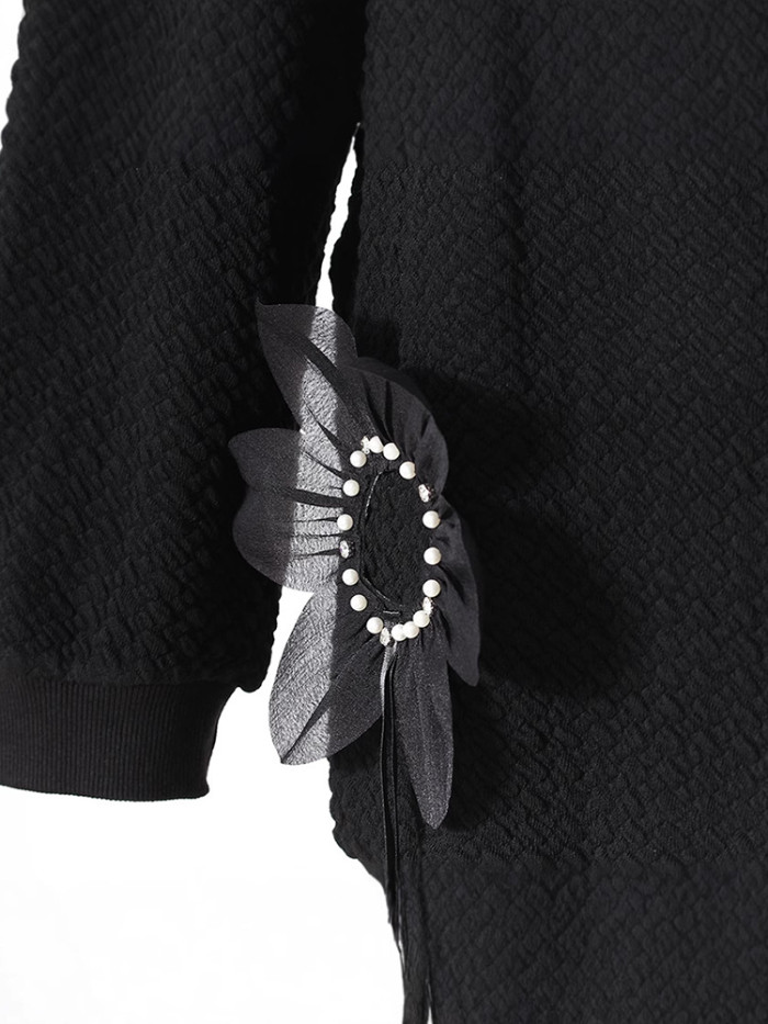 DEAT Fashion Women's Pullovers Round Neck Loose 3D Flower Nail Beads Long Sleeves Yellow Sweatshirt Winter 2024 New 7AB6141