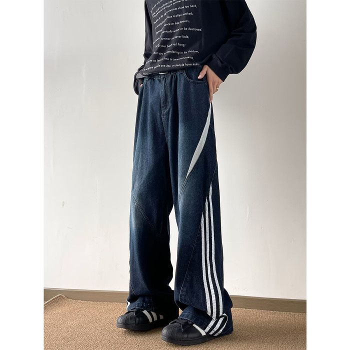 {EAM} Vintage three-bar splicing jeans men's niche fashion brand design pants American straight leg micro-cropped pants DLZ275