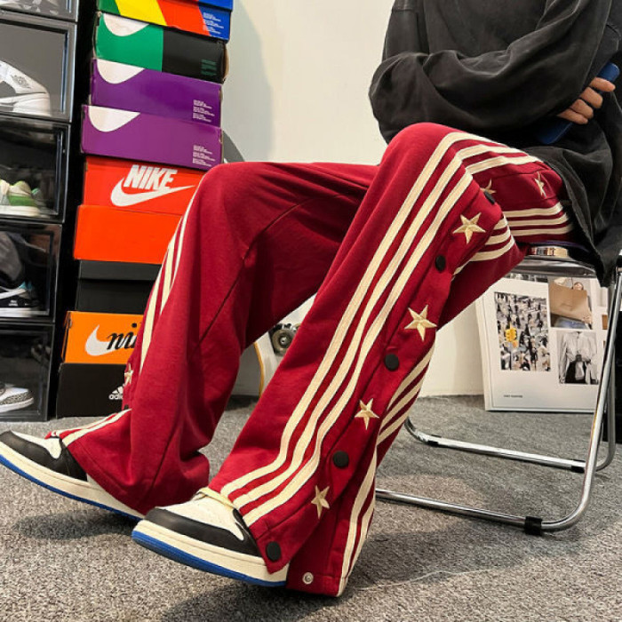 {EAM} European and American hiphop pants ins high street wine red breasted pants vibe style men and women design sense of three-bar pants DLZ272