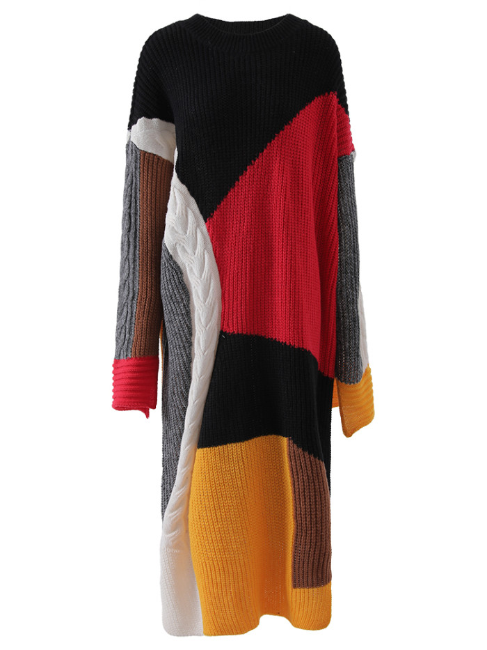 DEAT Fashion Women's Knitted Dress O-neck Contrast Color Loose Elastic Pullover Mid-calf Split Dresses Winter 2024 New CPDB101