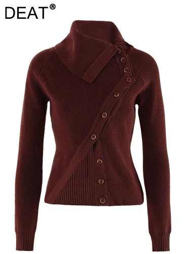 DEAT Fashion Women's Melard Brown Color Knitted Tops Irregular Lapel Slim Long Sleeves Button Sweater Autumn  CPDB243