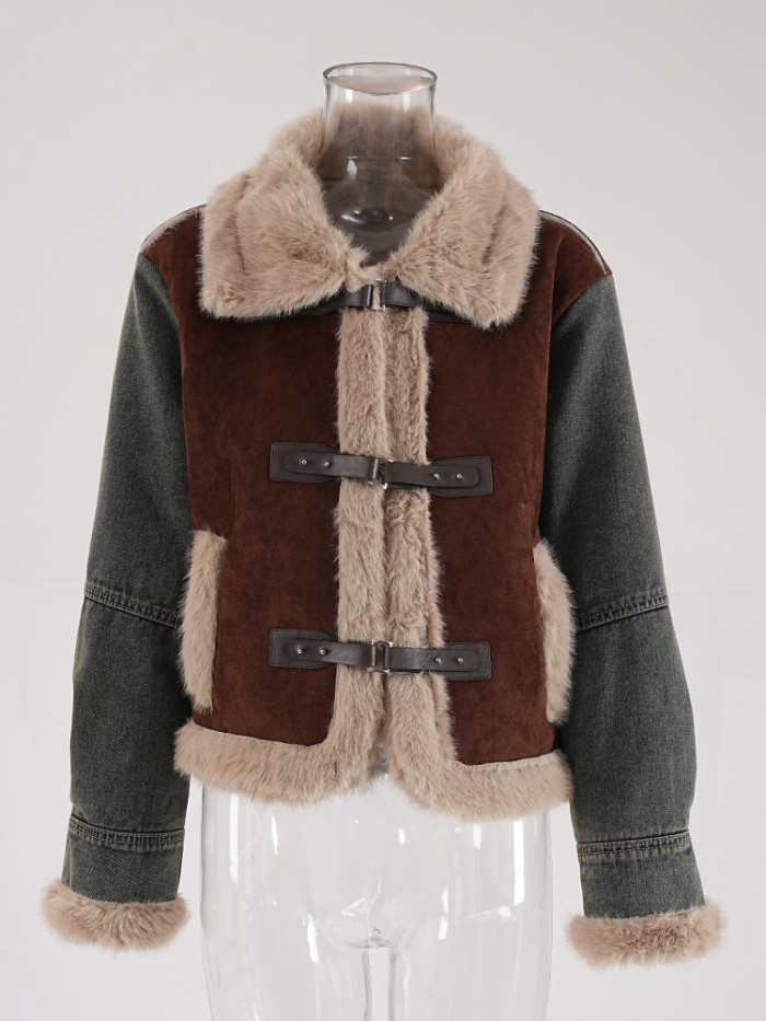 DEAT Fashion Women's Contrast Color Fur Integrated Jacket Lapel Loose Leather Buckle Plush Thick Short Coat Winter 2024 New