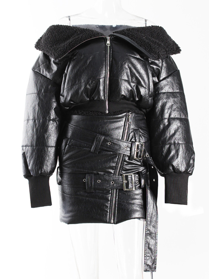 DEAT Fashion Women's Short Various Wearing Styles Zipper Cotton Padded Jacket High Waist Ribbon Mini Skirt Winter 2024 New