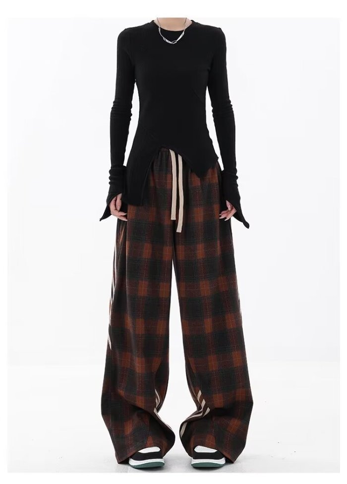 {EAM} Autumn and winter new casual plaid pants women splicing three bars design sense straight leg wide-leg pants DLZ273