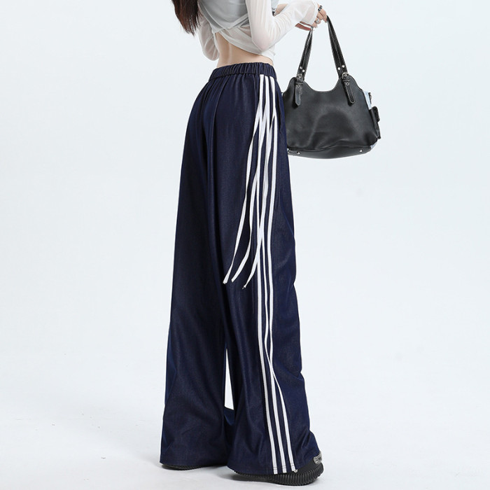{EAM} Autumn and winter new long wide-leg pants 2024 women's three bars design sense fringe moped pants loose casual pants DLZ270