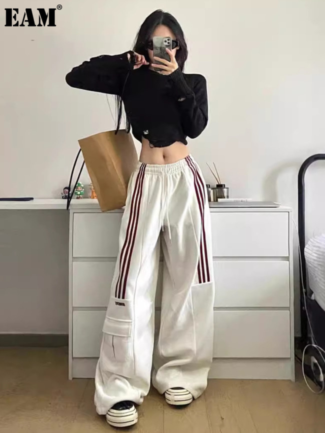 {EAM} Design sense three bars overalls female Spring and autumn American retro casual sports sweatpants high waist loose wide leg pants DLZ271