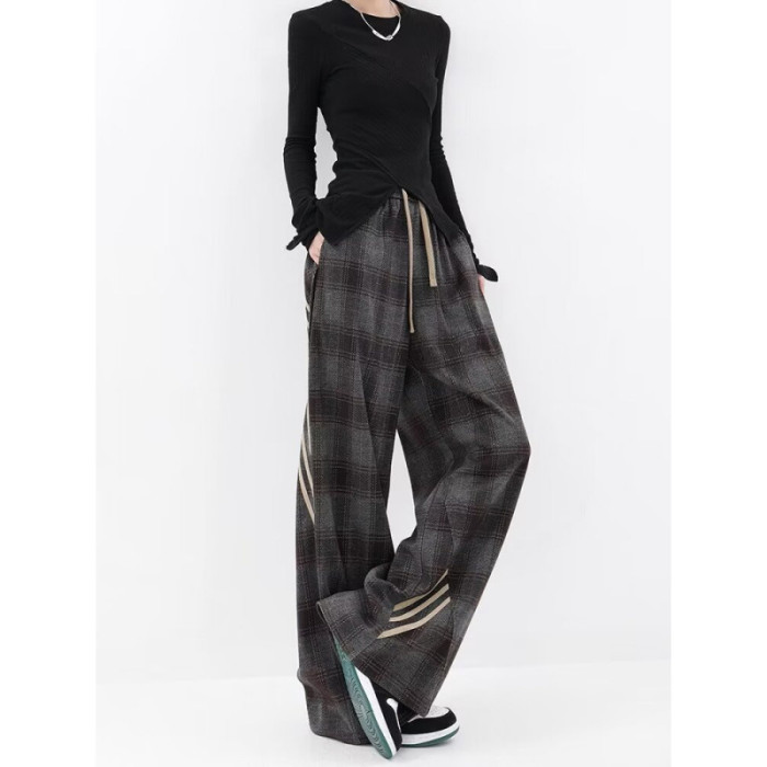 {EAM} Autumn and winter new casual plaid pants women splicing three bars design sense straight leg wide-leg pants DLZ273