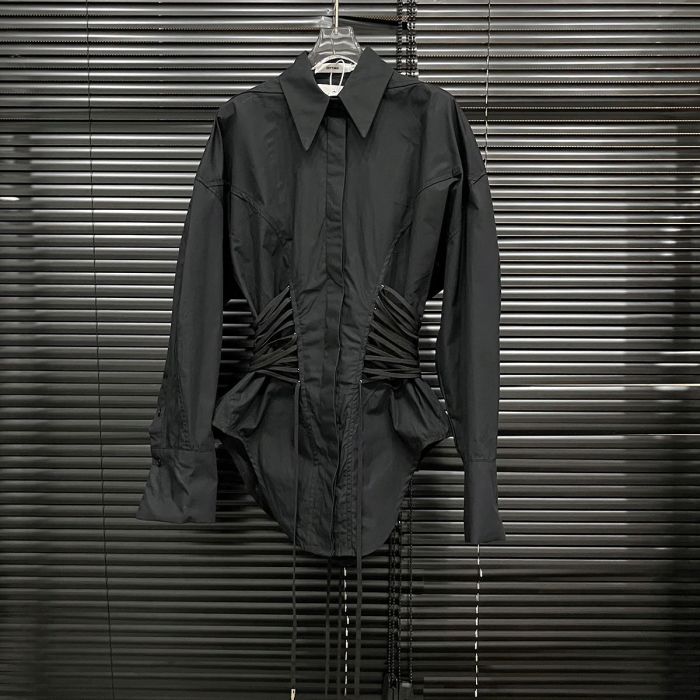 DEAT Fashion Women's Waist Multiple Drawstrings Shirt Lapel Loose Single Breasted Long Sleeves Black Blouse Autumn 2024 New