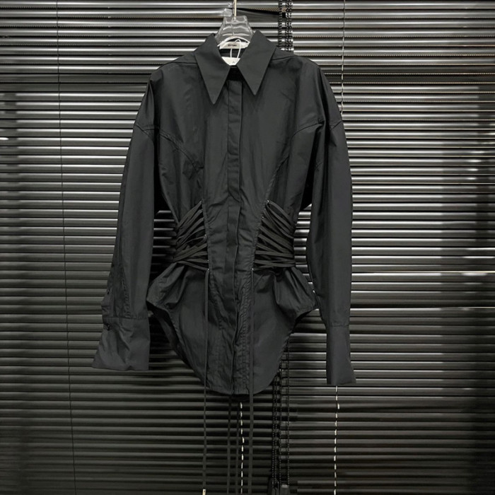 DEAT Fashion Women's Waist Multiple Drawstrings Shirt Lapel Loose Single Breasted Long Sleeves Black Blouse Autumn 2024 New