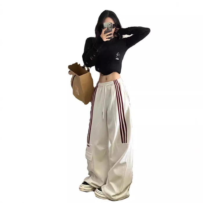 {EAM} Design sense three bars overalls female Spring and autumn American retro casual sports sweatpants high waist loose wide leg pants DLZ271