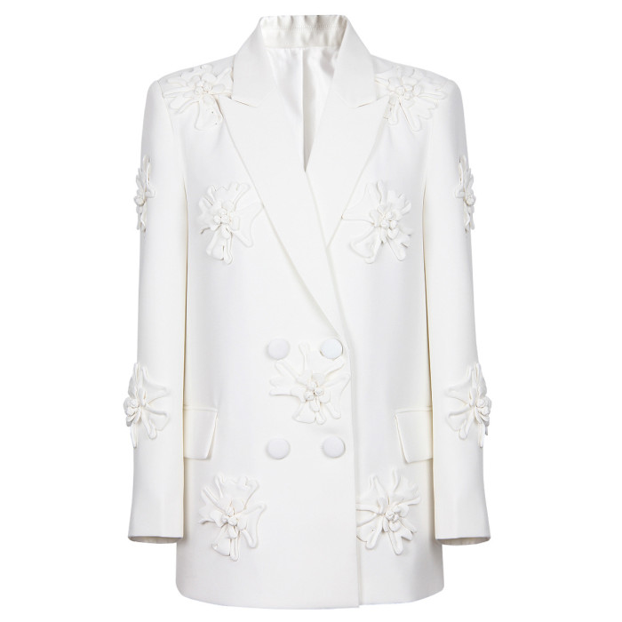 {EAM} Spring and autumn new fashion double breasted heavy industry hand set three-dimensional flower suit jacket top DLZ290