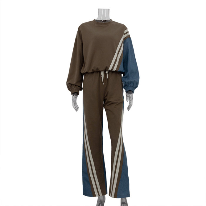 {EAM} American sports style color striped hoodie set pullover jacket drawstring pants two-piece set DLZ288