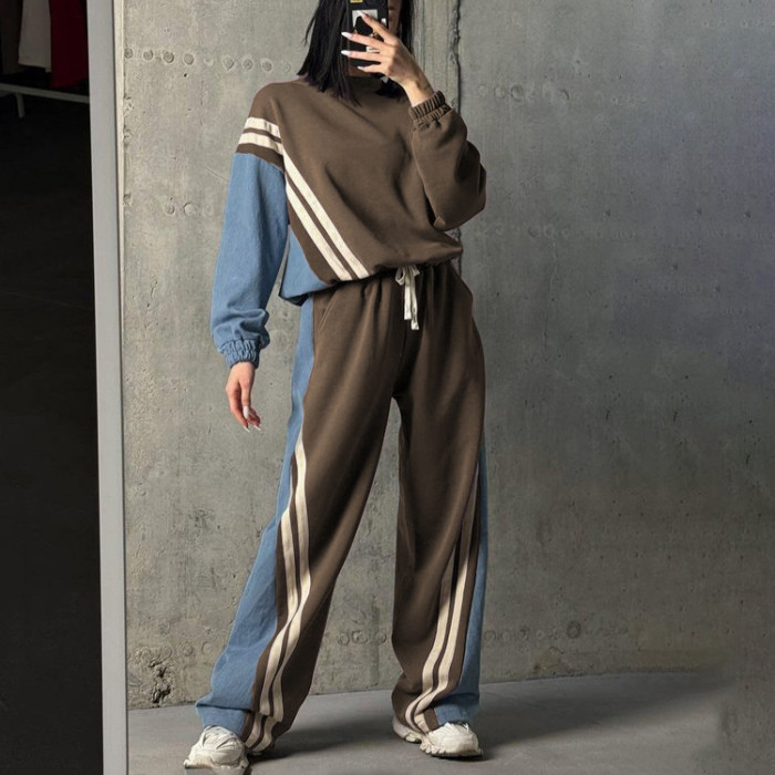 {EAM} American sports style color striped hoodie set pullover jacket drawstring pants two-piece set DLZ288