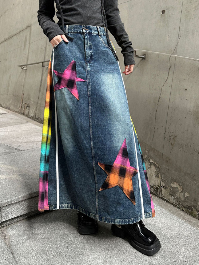 [EAM] High Elastic Waist Blue Back Plaid Denim Long A-line Half-body Skirt Women Fashion Tide New Spring Autumn  1DH8117