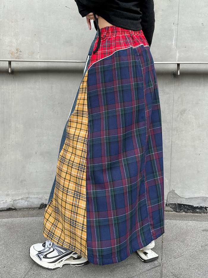 [EAM] High Elastic Waist Blue Back Plaid Denim Long A-line Half-body Skirt Women Fashion Tide New Spring Autumn  1DH8117