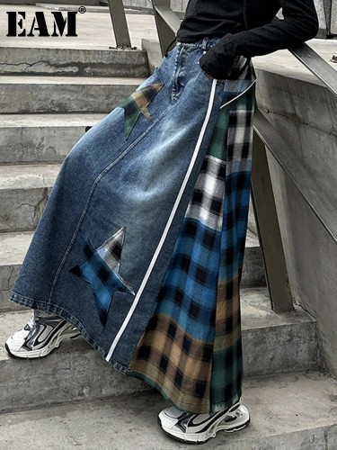 [EAM] High Elastic Waist Blue Back Plaid Denim Long A-line Half-body Skirt Women Fashion Tide New Spring Autumn  1DH8117