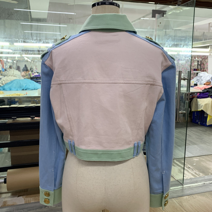 {EAM} New Europe and the United States high-quality goods supply short top high and thin quality women's color denim coat DLZ282